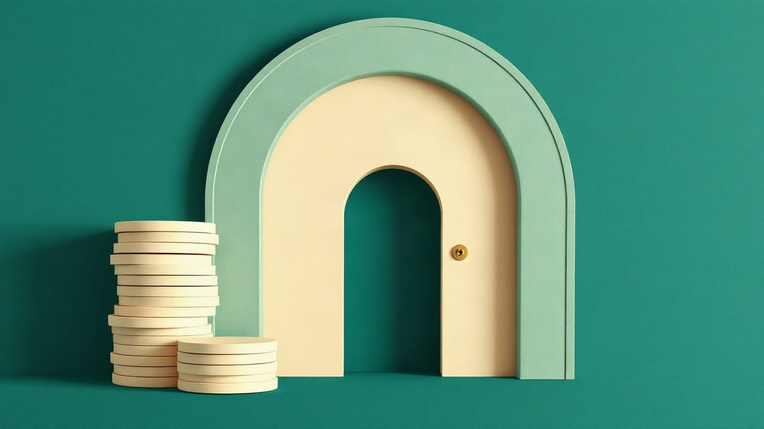 Cut-paper illustration: a tall arched bank doorway beside a stack of flat discs.