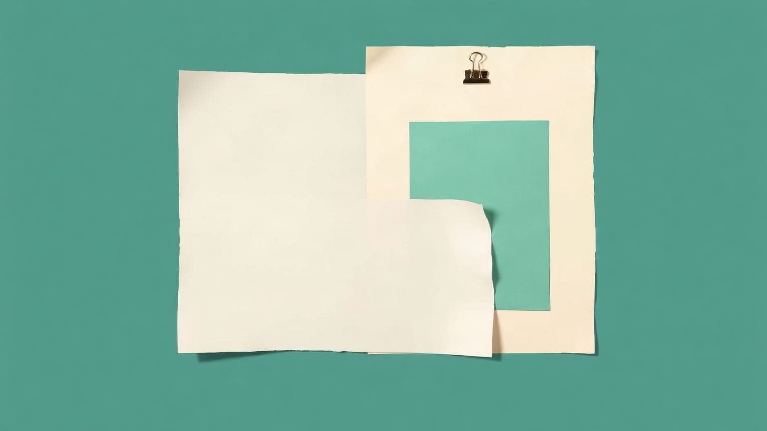 Two pale jade paper documents on a deep teal-green ground, the second one smaller and set slightly behind the first, with a small brass clip joining them