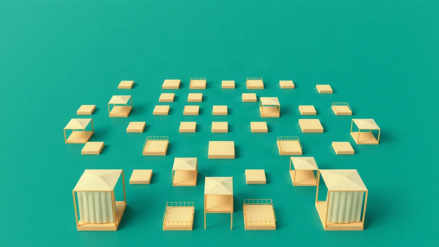 A grid of small exhibition stands in cut paper seen from a high angle