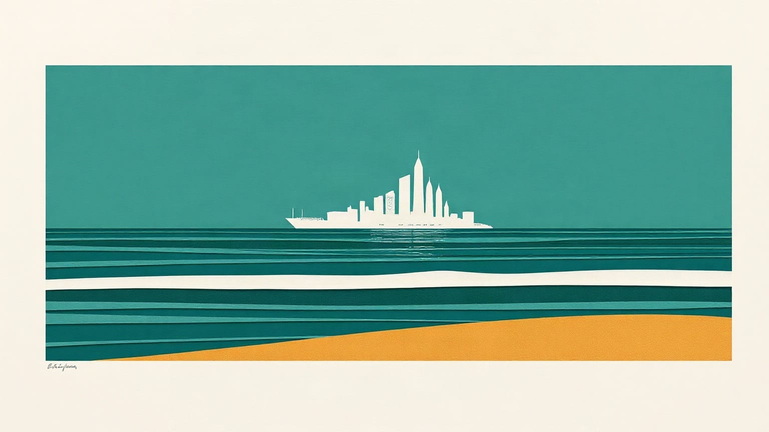 Cut-paper illustration: a wide flat shoreline of layered strips meeting a cluster of towers.