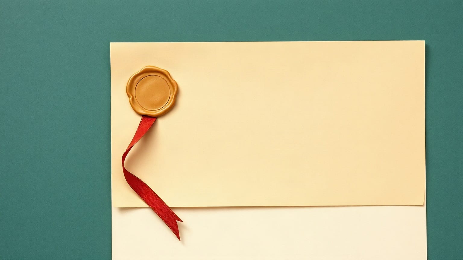 Cut-paper illustration: a folded document with a round wax seal and a ribbon tail.