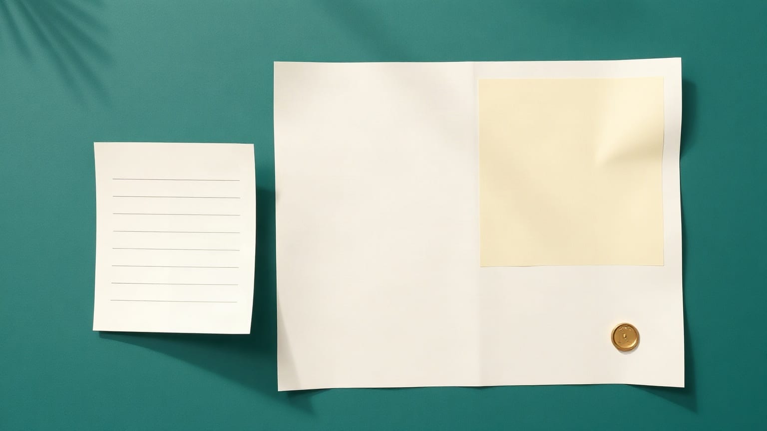 A small cut-paper form sheet on a teal ground beside a much larger one, both with the same ruled lines
