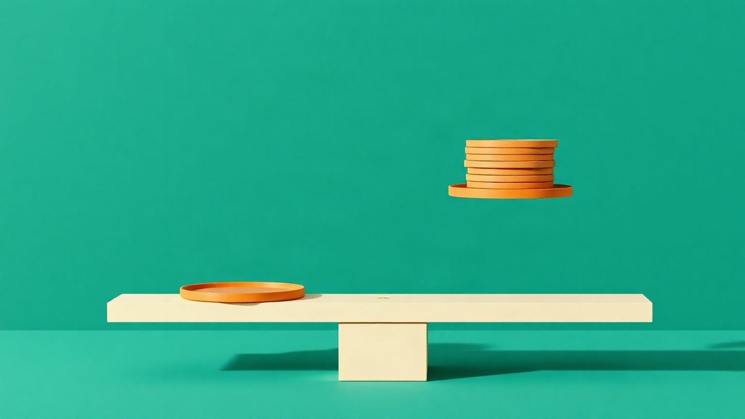 Cut-paper illustration: a balance beam with two shallow trays, one holding a stack of discs.