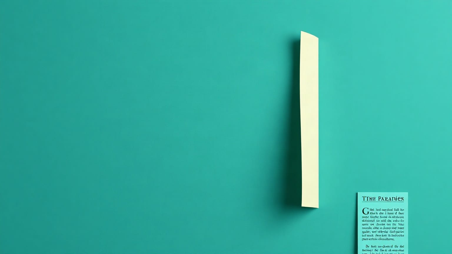 A tall pale jade paper wall on a deep teal-green ground with a narrow gap cut through it near one edge, a small brass marker beside the gap